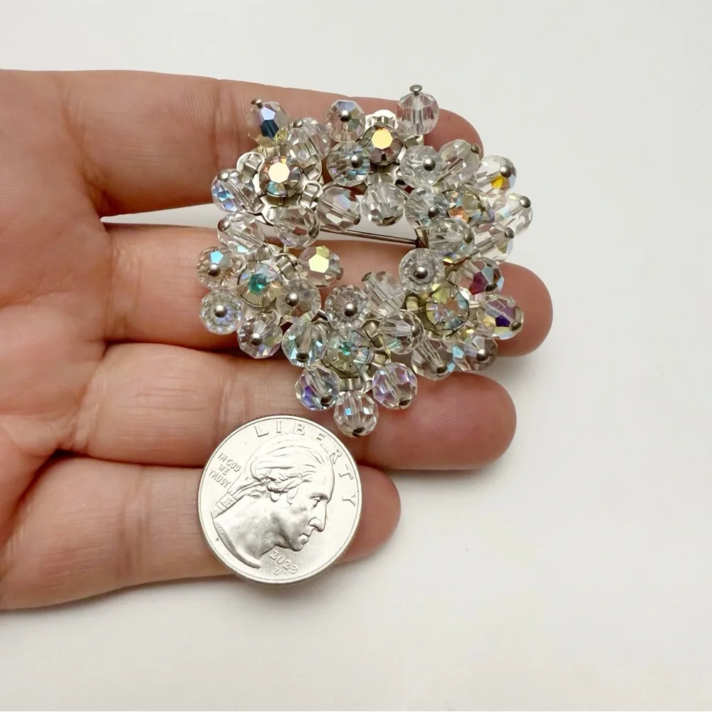 Vintage AB Rhinestone Clear Glass Beaded Cha Cha Round Brooch Pin